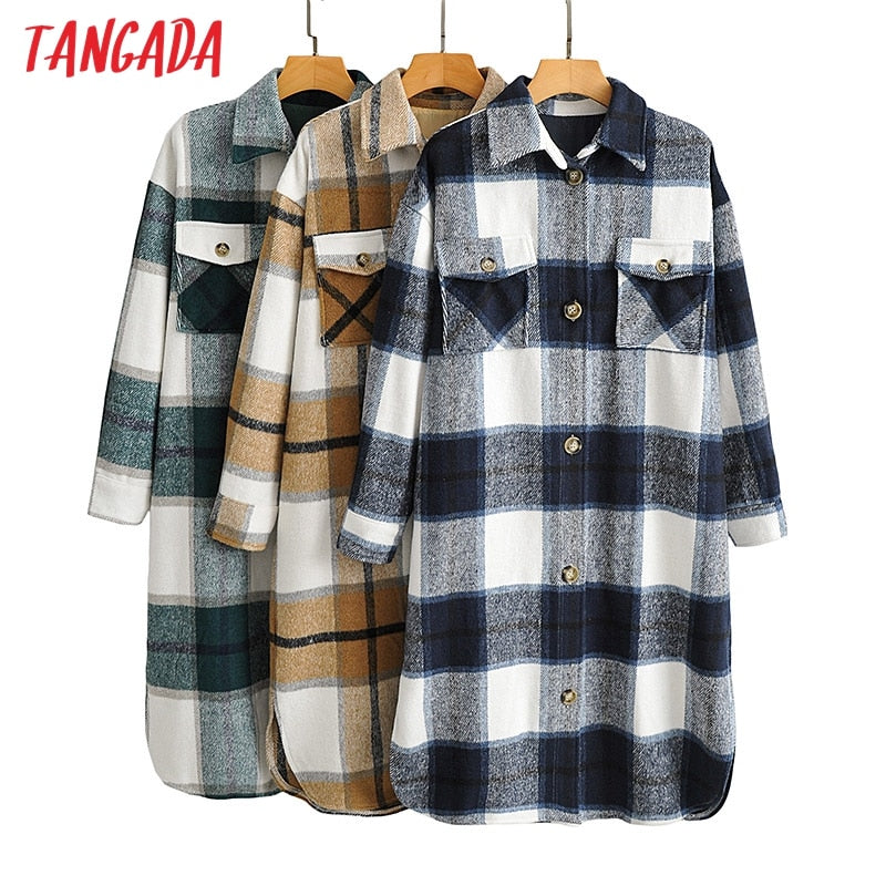 Tangada 2020 Autumn Winter Women green plaid Long Coat Jacket Casual Warm Overcoat Fashion Long Coats AI35