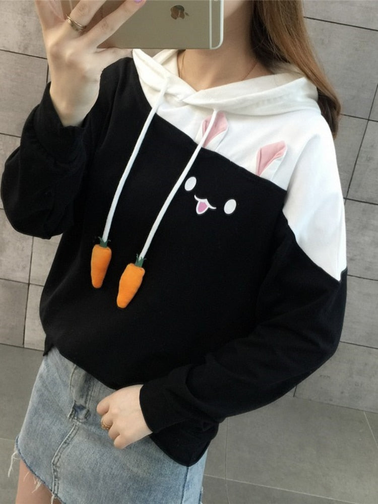 Merry Pretty Women Hoodies Animal Lovely Pullover Kawaii Rabbit Sweatshirt Cute Bunny Graphic Oberbekleidung Pink Black Hoodie Girls