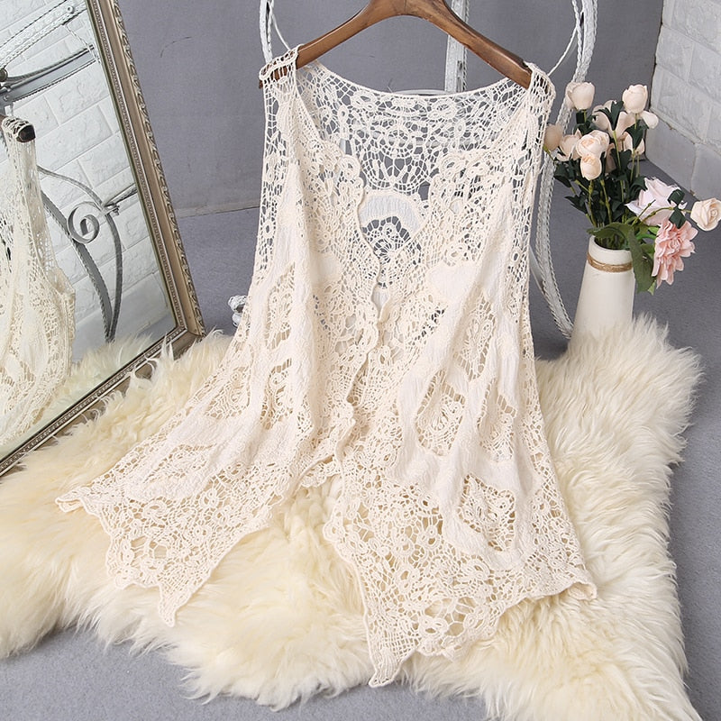 Hippie Froral parche diseño chaleco Retro Vintage Crochet verano playa cubrir Top asimétrico punto abierto Kimono cárdigan 2022