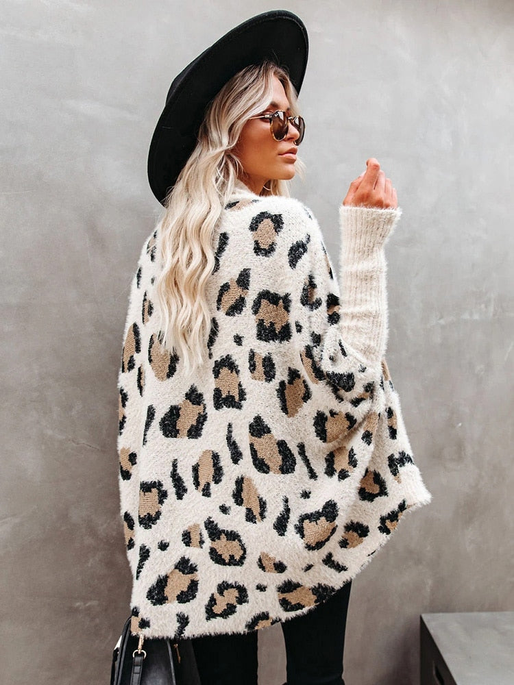 Fitshinling Fuzzy Leopard Long Cardigan Female Bohemian Slim Fledermausärmel Übergroße Pullover Cardiagns für Frauen Wintermantel