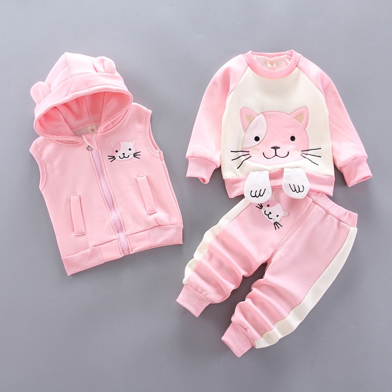 Winter Baby Girls Hooded Clothes Children Christmas Sets Vest+Coat+Pant 3 Pieces Boy Suits Cartoon Bear Garment For Kids 1-4 Age