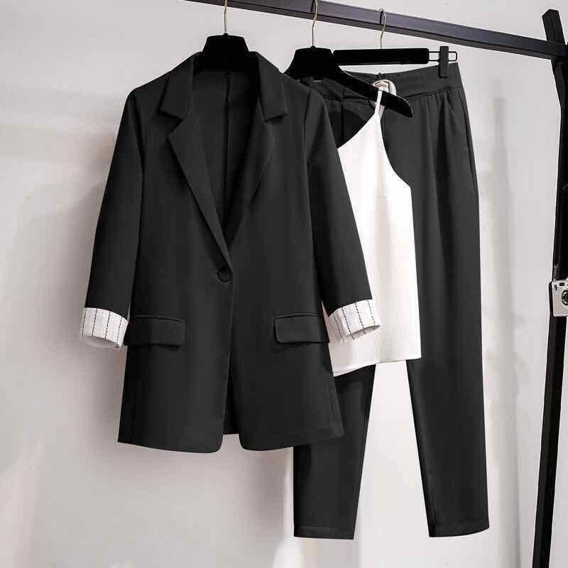 2021 Autumn New Suit Jacket Suspender Pants Three-piece Women&