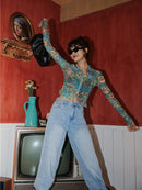 CHEERART Fall 2020 Women Mesh Dragon Print Shirt Long Sleeve Top Button Up See Through Top Fashion Designer Clothing