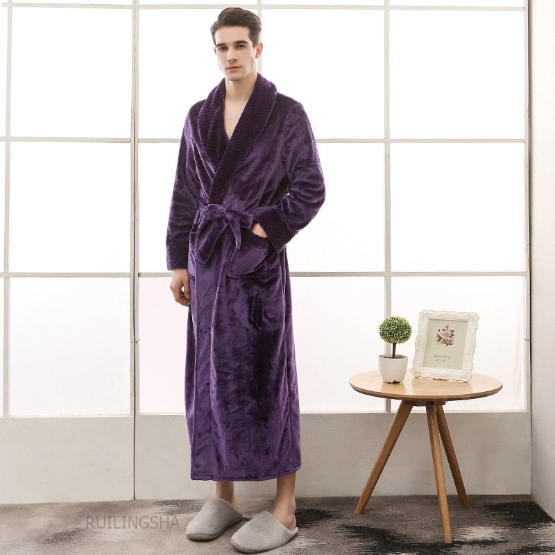 Men Long Thick Warm Flannel Bath Robe Plus Size Women Robes Coral Fleece Bathrobe for Winter Dressing Gown Male Kimono Sleepwear