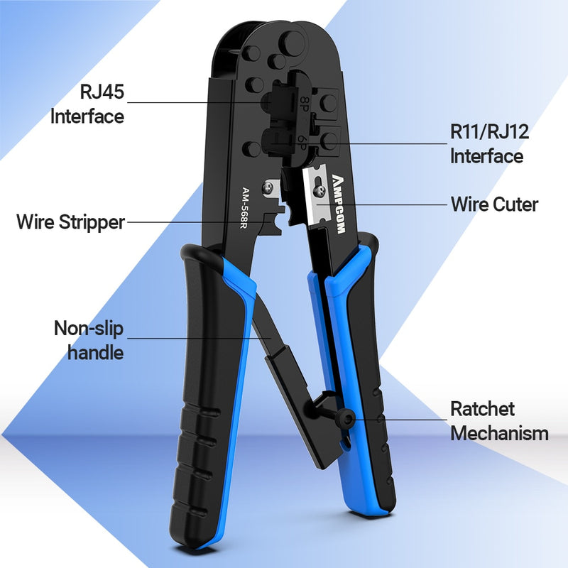 AMPCOM RJ45 Crimper RJ11 RJ45 Crimpzange Ethernet Netzwerk LAN Kabel Crimper Cutter Stripper Zange für 6P 8P RJ-11/RJ-12 RJ-45