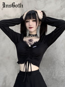 InsGoth Bandage Bodycon Long Sleeve Crop Tops Female Black V-neck Streetwear Punk Slim Tops Autumn Gothic Harajuku Top