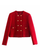 xikom 2021 Tweed Two pieces set Women red Vintage O Neck Long Sleeve Office Lady slim Blazer Coat Female Hight Waist skirt suit