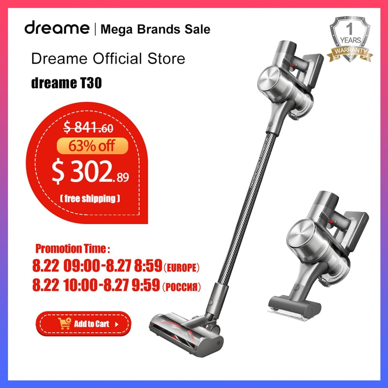 Dreame T30 Cordless Vacuum Cleaner For Home, 27000Pa 190AW 90 min Runtime, Smart Adjustment, Handheld Wireless Home Appliance