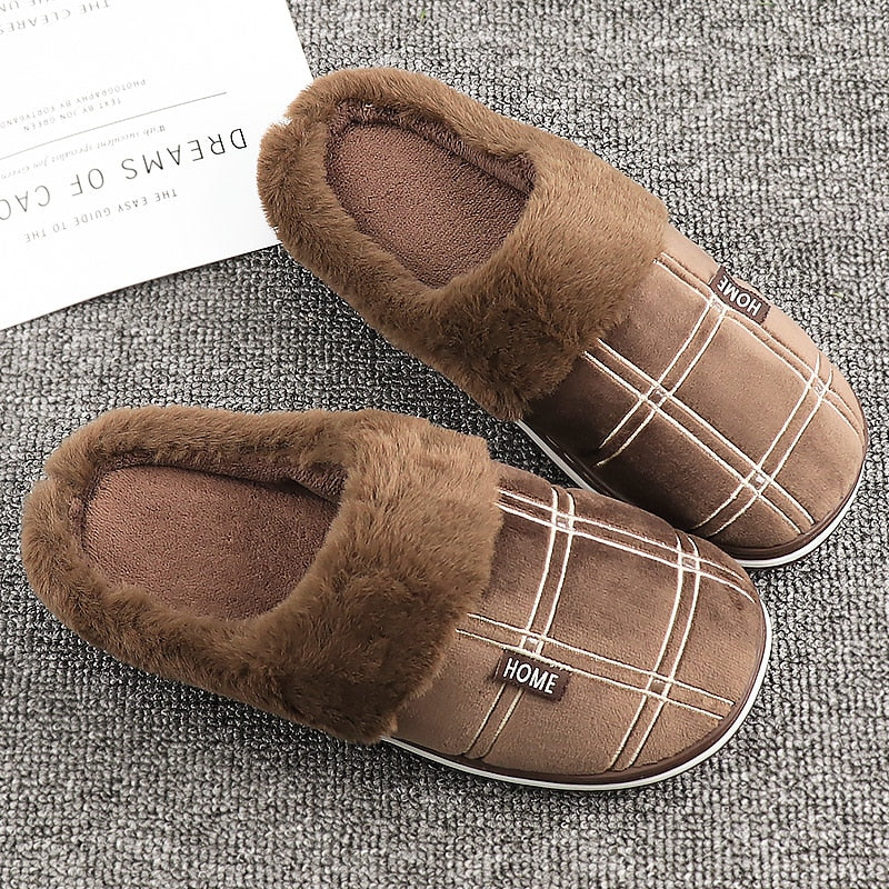 Large size 50/51 Home slippers men Gingham cotton slippers indoor winter warm plush non-slip thick-soled Soft Slippers male