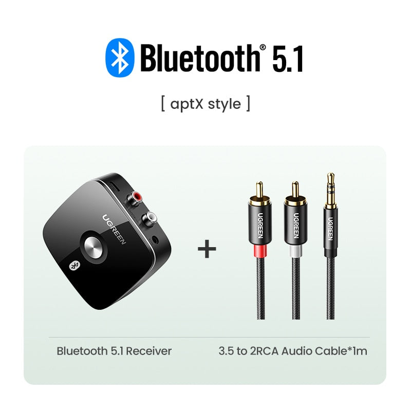 UGREEN Bluetooth Receiver 5.1 Wireless Auido Music 3.5 mm RCA aptX HD Low Latency Music Bluetooth 5.0 Sound 3.5mm 2RCA Adapter