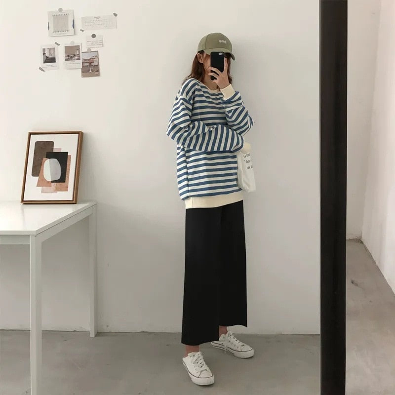 Cusual Pants Women Spring Summer Ankle-length Loose Wide Leg Elastic High Waist Oversize Black Simple Comfortable Elegant Ladies