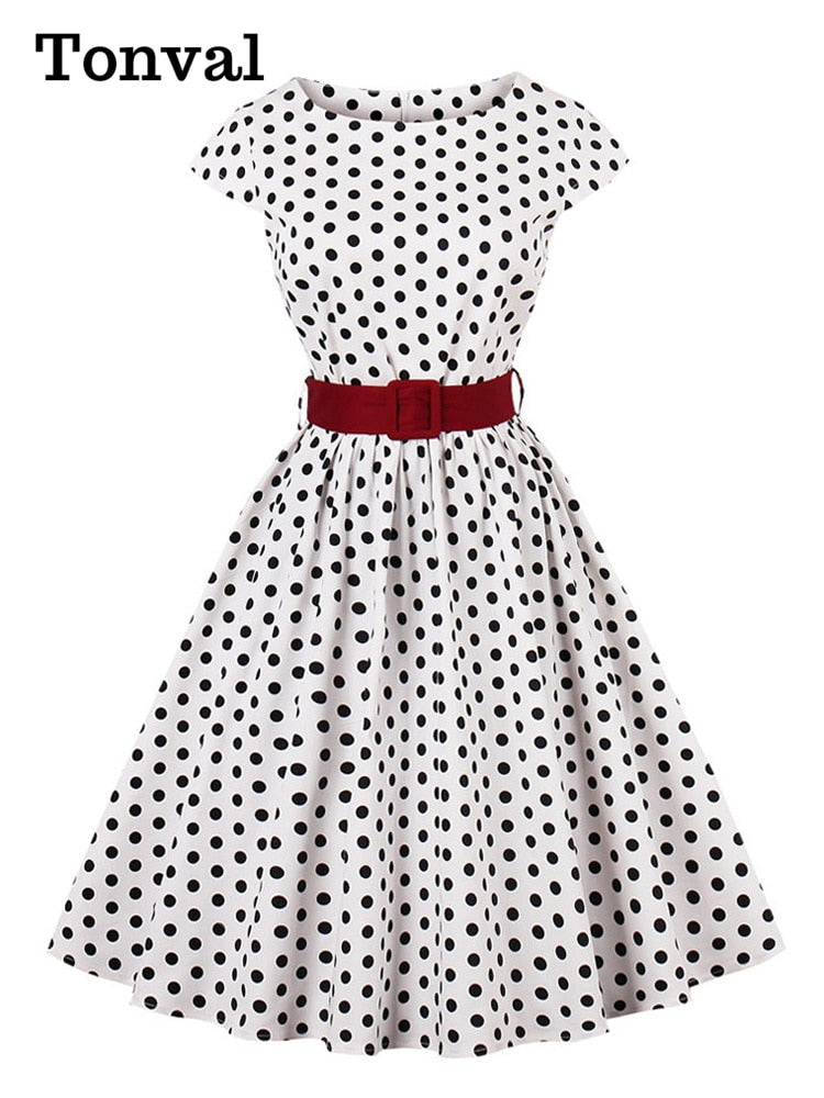 Tonval Green Retro Polka Dot 1950s Rockabilly Pleated Belted Dress Cap Sleeve Summer Women High Waist Vintage Dresses