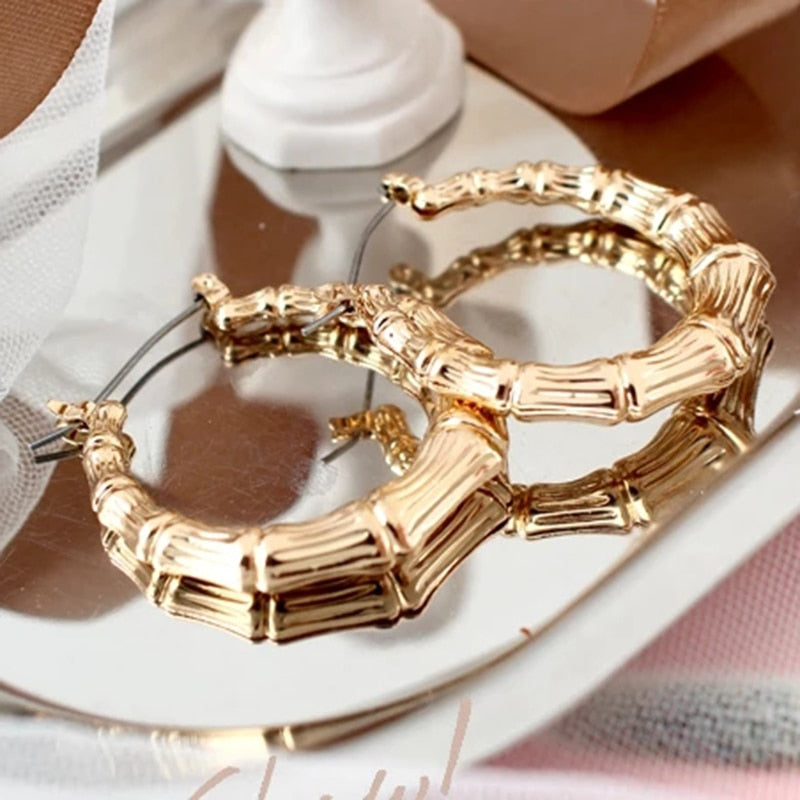 Statement Sliver/Gold Color Big Bamboo Circle Hoop Earrings For Women Hip Hop Large Celebrity Basketball Wives Earrings Hoops