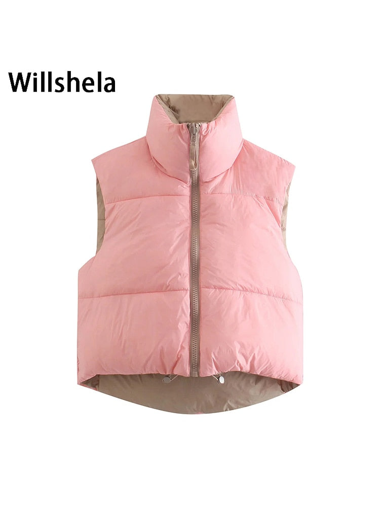 Willshela Women Reversible Gilet Jacket Sleeveless Puff Vest High Collar Fashion Casual Streetwear Woman Waistcoat Tops veste