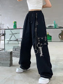 QWEEK Gothic Harajuku Black Cargo Pants Women Chain Wide Leg Goth Hippie Streetwear White Trousers Loose Female Baggy Fashion