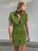 Damen Elegantes Kurzarm Skinny Minikleid Sommer Umlegekragen Gerafftes Hemdkleid Grün Blau Slim Partykleider Vestido