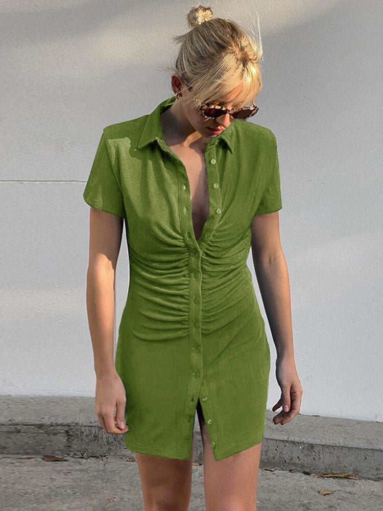 Women Elegant Short Sleeve Skinny Mini Dress Summer Turn-Down Collar Ruched Shirt Dress Green Blue Slim Party Dresses Vestido