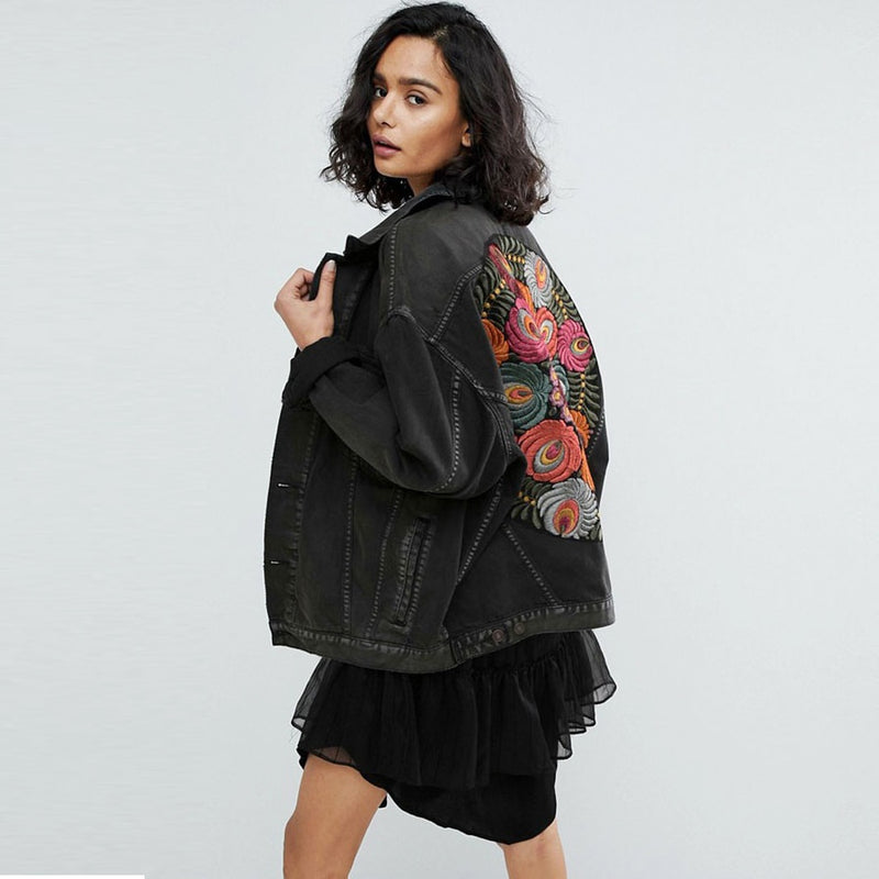 Gypsylady floral Embroidered Denim Jacket Black Casual Chic Winter Jacket Women Bohemian Warm Jacket Coat 2022 New Chaquetas