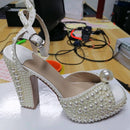 2021 Pearl Platform Sandals Women Open Toe Rhinestone Diamond Square High Heels Shoes Woman Sexy Wedding Shoes