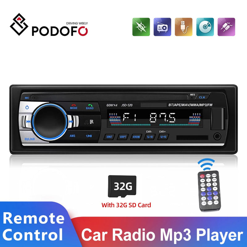 Podofo Car Radio Estéreo Reproductor Digital Bluetooth MP3 Player JSD-520 60Wx4 FM Audio Estéreo Música USB / SD con entrada AUX en el tablero