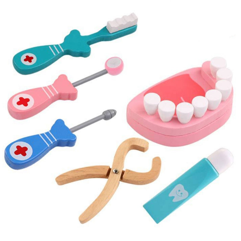 Doctor Toys for Children Set Kids Wooden Pretend Play Kit Games for Girls Boys Red Medical Dentist Medicine Box Cloth Bags