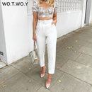 WOTWOY Elegant Formal High Waist Pants Women Skinny Office Lady Pencil Pants Women Pockets Sashes Ankle-Length Trousers Women