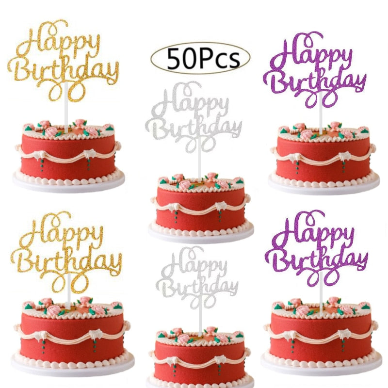 50Pcs Happy Birthday Cake Toppers Glitter Cardstock Baby Shower Kids Party Favors Decorations Cake Decoration Supplies