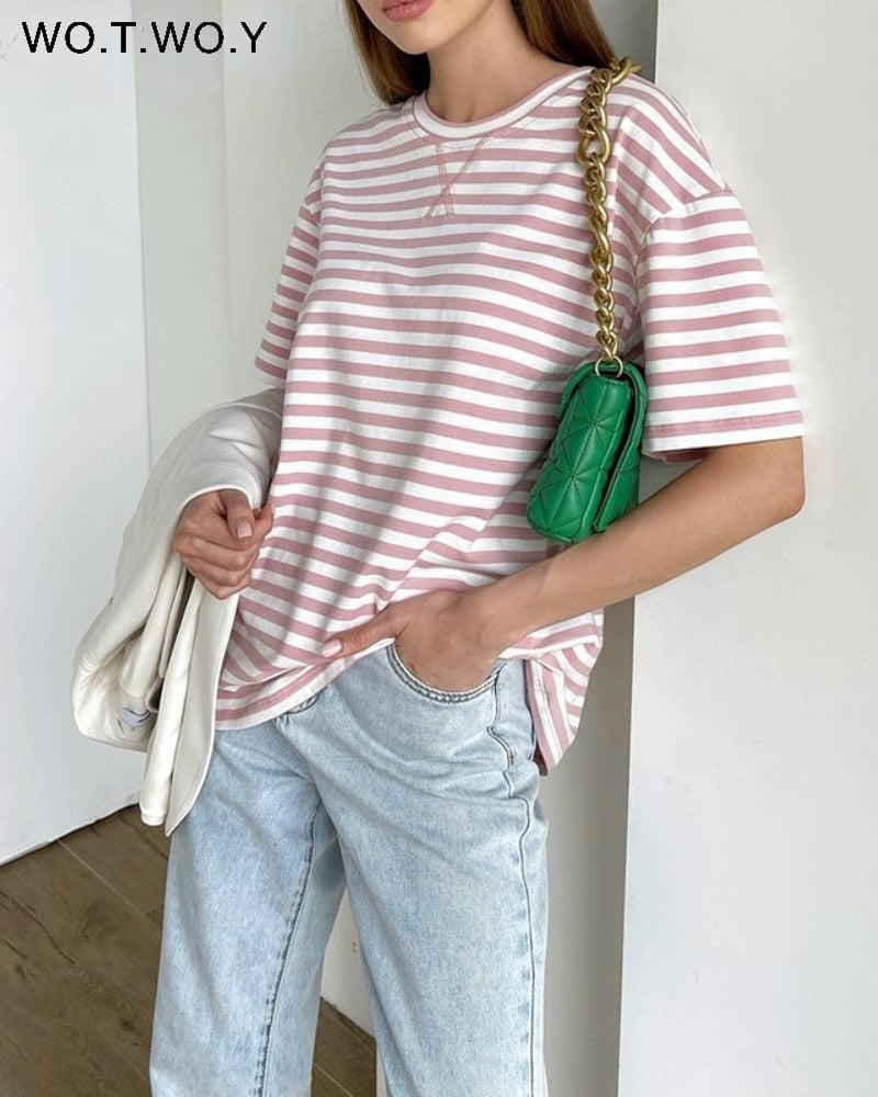 WOTWOY Summer Short Sleeve Striped T-Shirts Women Knitted Basic Casual Tops Female Cozy Loose Cotton Tees 2023 Harajuku Shirt