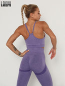 Conjunto de gimnasio sin costuras, sujetador deportivo y mallas, conjunto de ropa para correr para mujer, mallas deportivas de entrenamiento sin costuras, traje deportivo para mujer