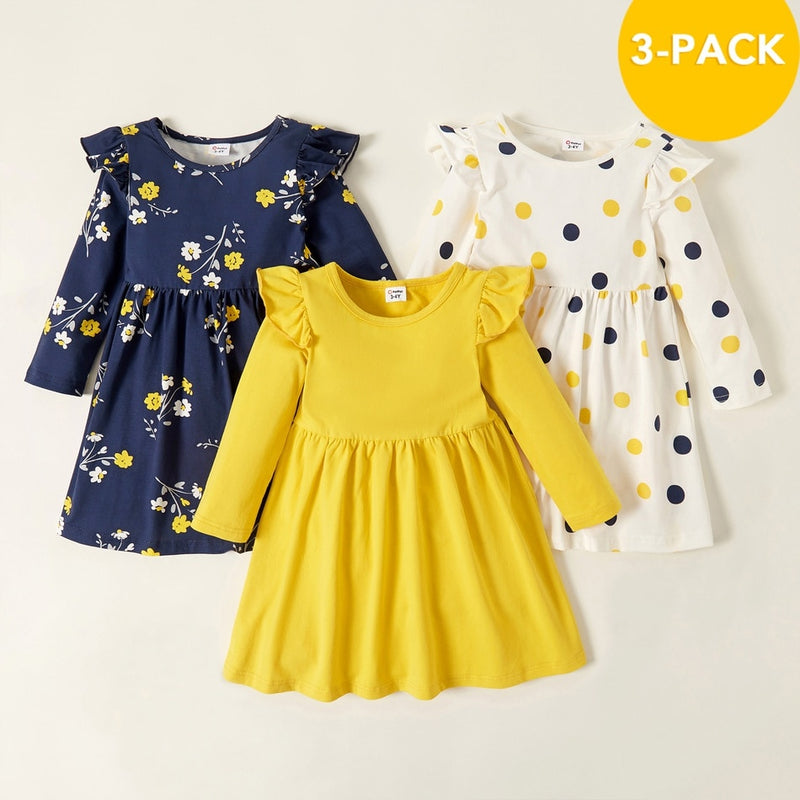 PatPat primavera y otoño 3-pack vestidos niño niña puntos y sólido vestido de manga corta y manga larga conjunto lindo ropa para niños