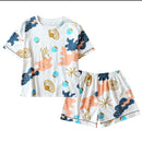 Women's 100% cotton short-sleeved shorts in summer pajamas cartoon summer sports and leisure two-piece suits can be worn out