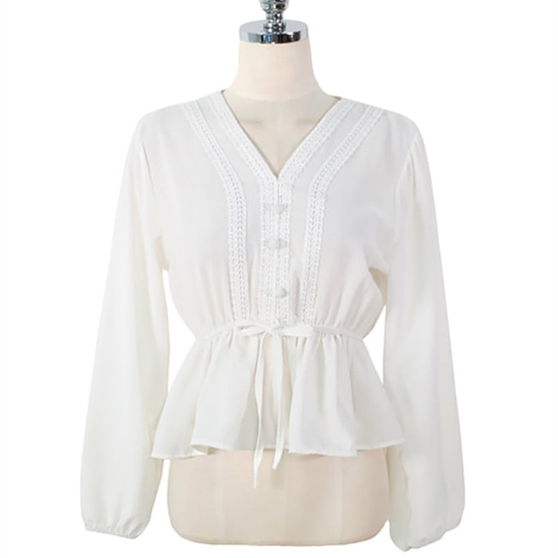 shintimes V-Neck White Blouse Sashes Casual Woman Clothes 2022 Fall Lace Long Sleeve Shirt Women Blouses Shirts Chemisier Femme