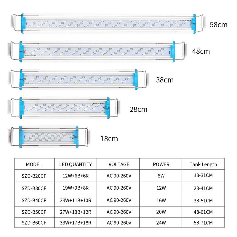 18-75CM Super Slim LEDs Acuario Iluminación Planta acuática Luz Extensible Impermeable Clip en lámpara para pecera 90-260V