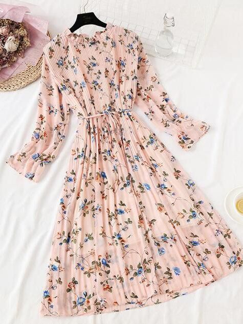 2022 New Women Spring Print Dresses Long Sleeve Chiffon Pleated Dress Casual Ruffle Flare Sleeve Long Dress Loose Vestidos