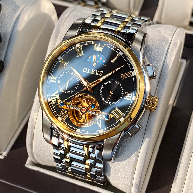 Reloj OLEVS para hombre, reloj mecánico automático, reloj de pulsera Stianless de la mejor marca, reloj de pulsera de lujo moon phaseTourbillon, regalos para hombre