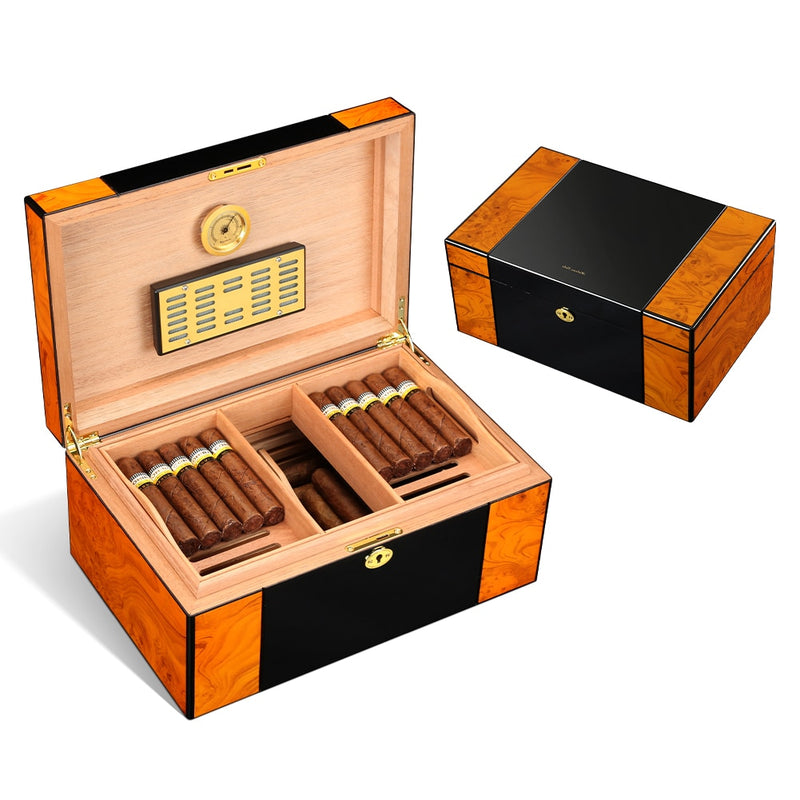 Large Capacity Humidor Cigar Box Cedar Wood Cigar Case Glossy Piano Finish Cigar Humidor Box W/ Humidifier Hygrometer