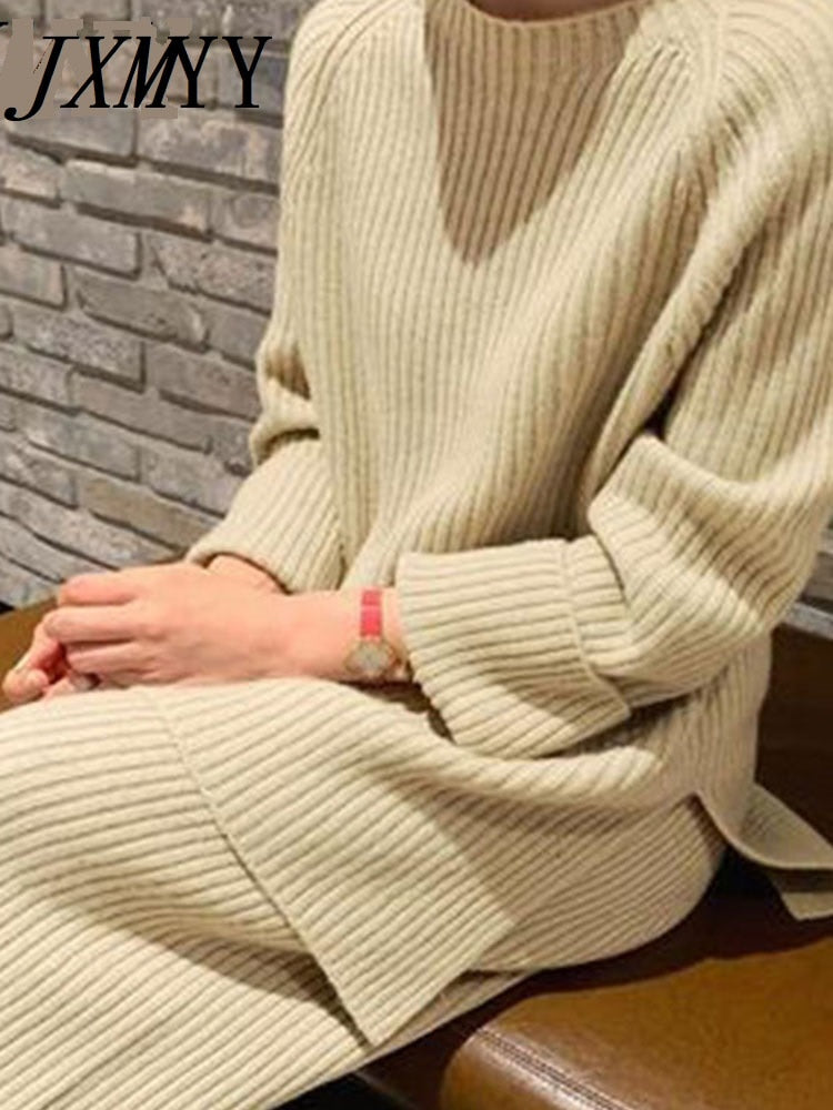 JXMYY 2022 nueva moda de invierno para mujer, suéter de punto cálido grueso, suéter, trajes de dos piezas + conjunto de pantalones de pierna ancha sueltos de cintura alta