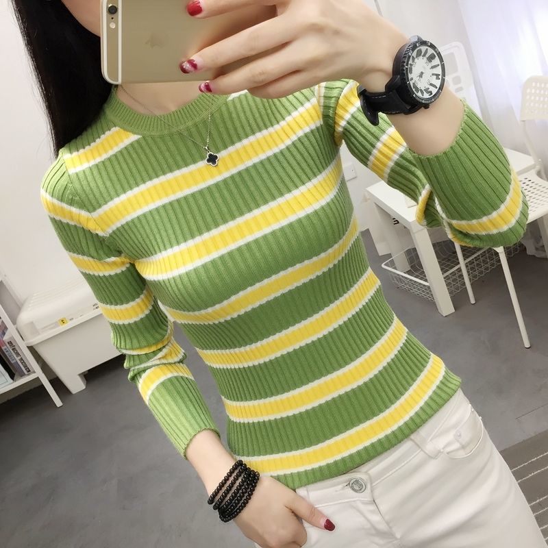 Autumn Sweater 202 Long Sleeve Color Contrast Stripe Versatile O Neck Knitted Sweater Fashion Slim Undercoat Pullover Women