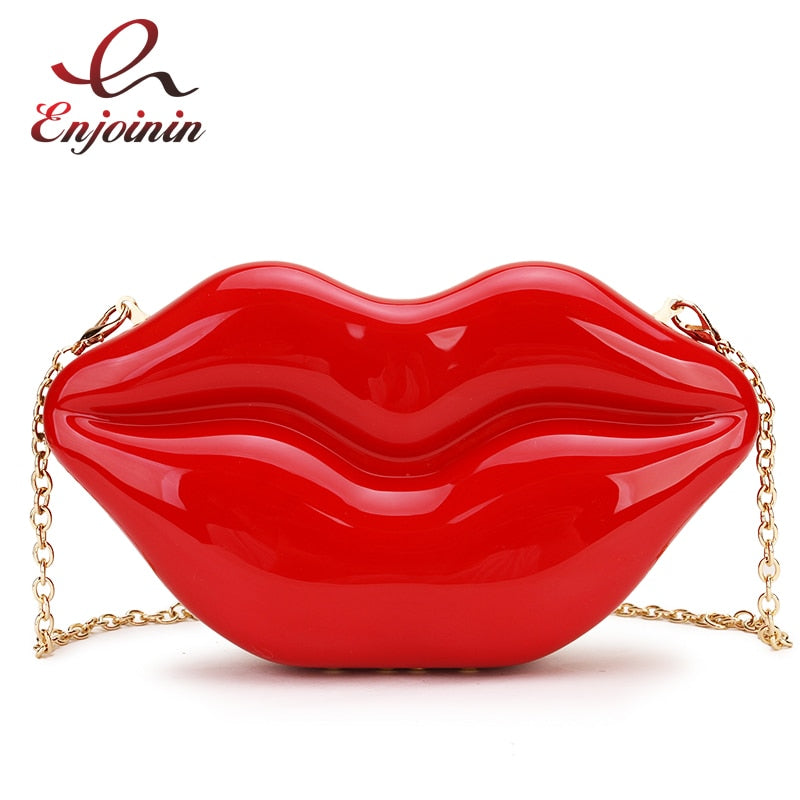 Sexy rote Lippen Design Frauen Party Clutch Abendtasche schillernde weibliche Kette Tasche Umhängetasche Geldbörsen und Handtaschen Beutel Mode