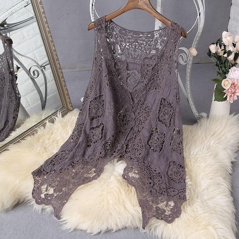 Hippie Froral Patch Design Vest Retro Vintage Crochet Summer Beach Cover Up Top Asymmetric Open Stitch Kimono Cardigain 2022