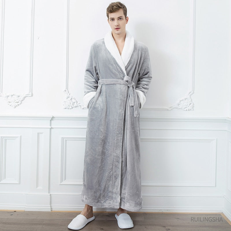 Men Long Thick Warm Flannel Bath Robe Plus Size Women Robes Coral Fleece Bathrobe for Winter Dressing Gown Male Kimono Sleepwear