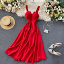 FMFSSOM 2022 Summer V-neck Sexy Open Back Red Dress Women Knee-length Bohemian Style  Solid Spaghetti Strap Party Clothing