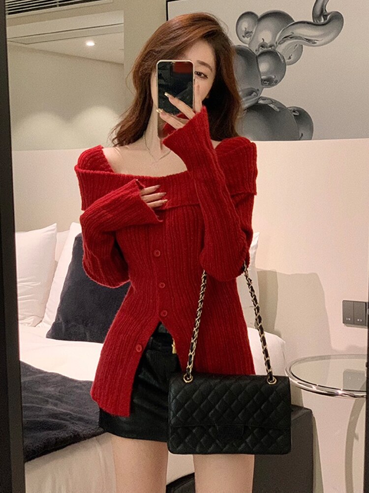 2023 Spring Elegant Knitted Sweater Women Pure Color Y2k Clothing Korea Fashion Long Sleeve Slim Sexy Pullover Female Casual Top