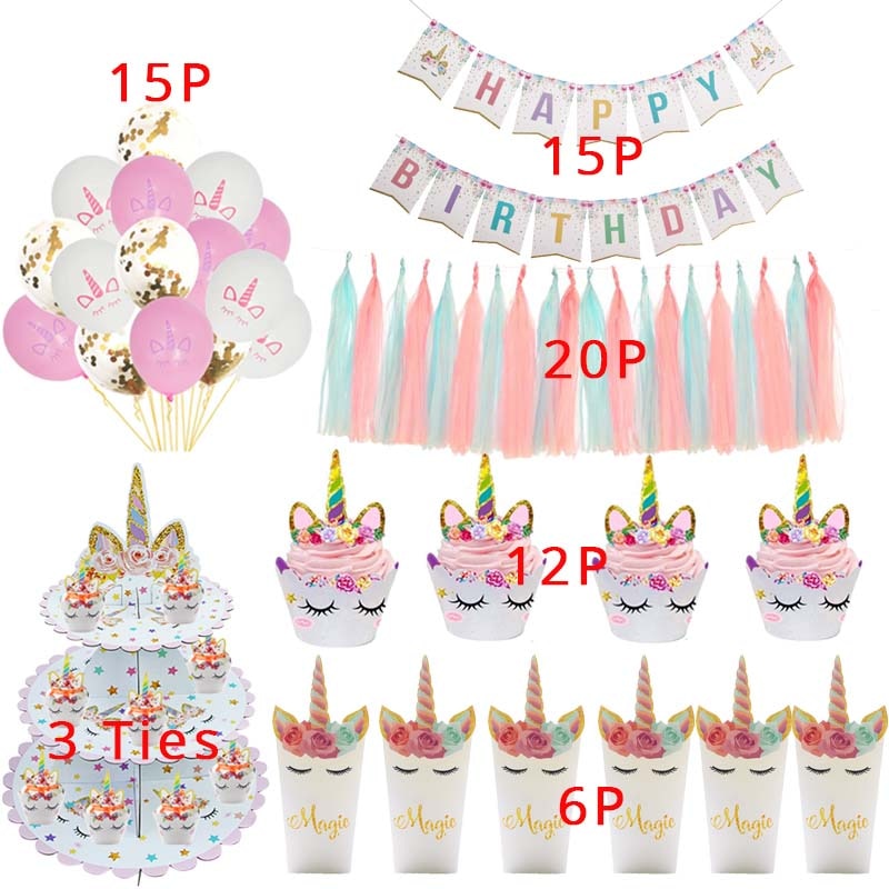 Unicorn Party Supplies Disposable Tableware Set Kids Birthday party Decoration Unicornio Decor Plates Cup Banner Baby Shower