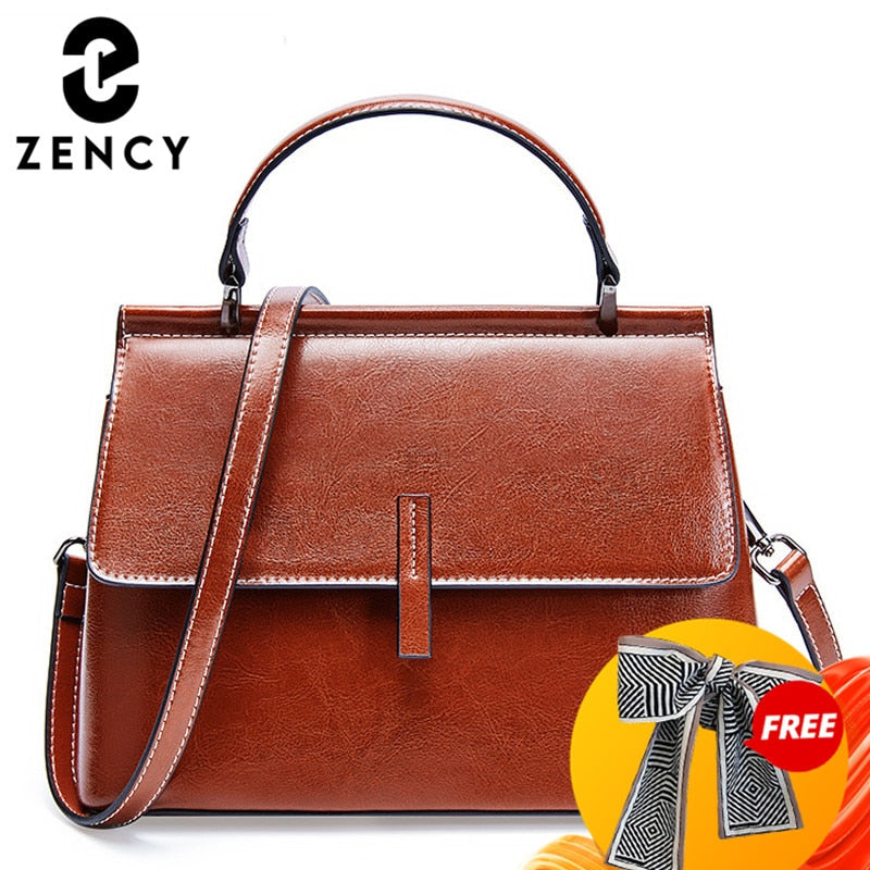 Zency 100% Genuine Leather Retro Brown Women Tote Bag Small Flap Daily Casual Shoulder Messenger Bags Black Grey Handbag