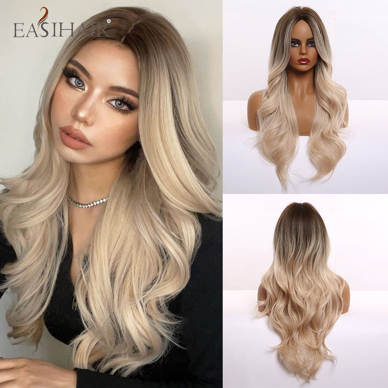 EASIHAIR Long Wavy Dark Brown Black Synthetic Wigs Natural Middle Part Hair Wigs for Women Daily Cosplay Party Heat Resistant