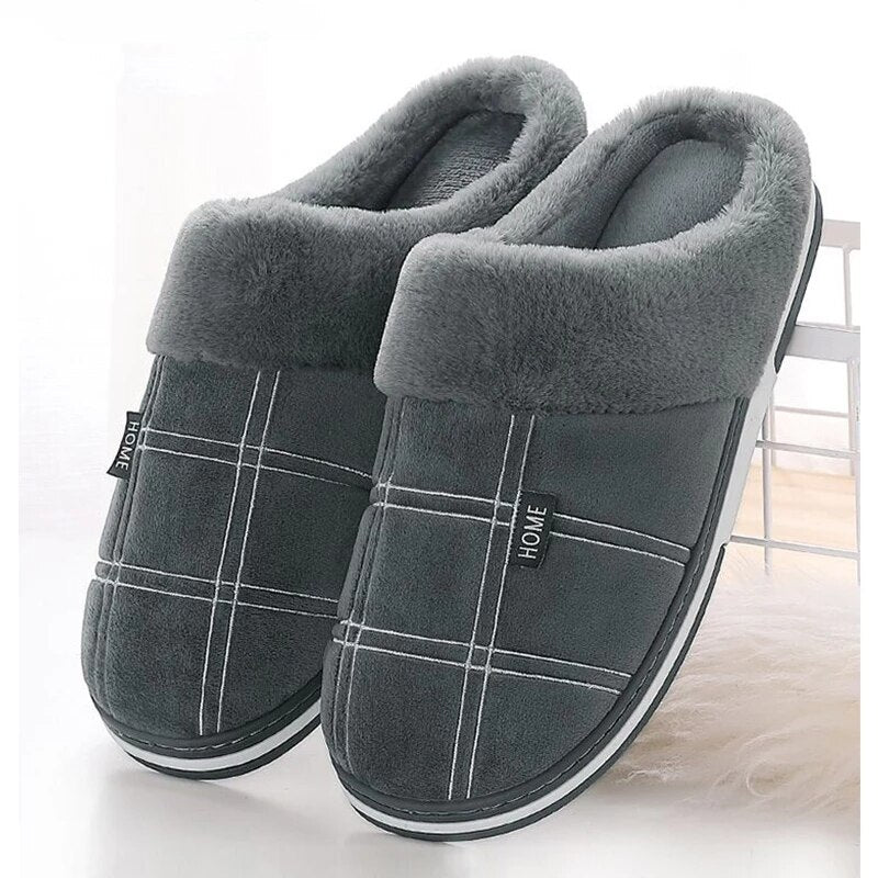 Zapatillas de casa de talla grande 50/51 para hombre, zapatillas de algodón Gingham para interiores, zapatillas suaves antideslizantes de felpa gruesa para invierno