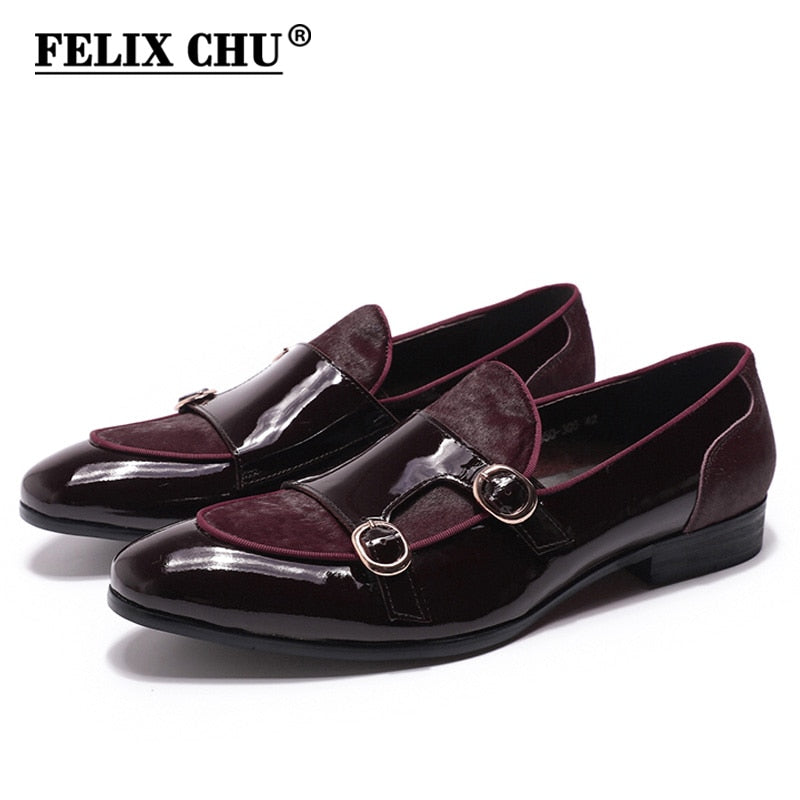 FELIX CHU Mens Wedding Loafers Gentlemen Party Dress Shoes Patent Leather with Horse Hair Casual Monk Strap Formal Shoes for Men