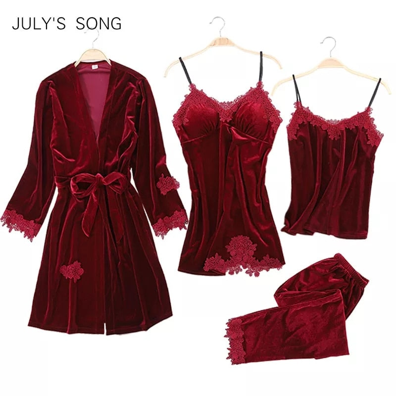 JULY'S SONG Damen Winter Samt 4-teiliges Sexy Pyjama Set Morgenmantel Spitze Sling Shorts Warme Robe Nachtwäsche Damen Pyjama