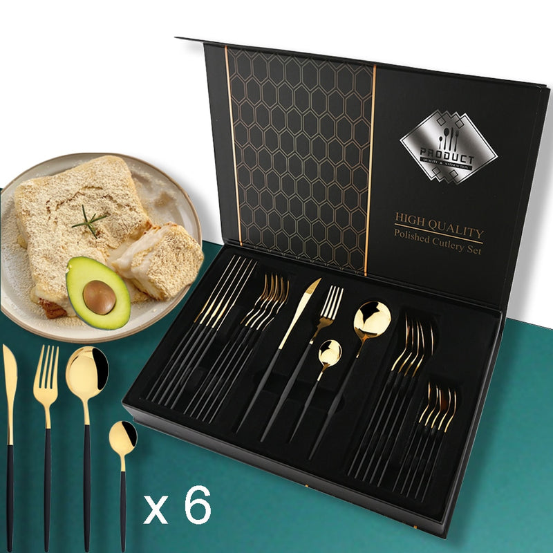 24 unids/set de vajilla de acero inoxidable, juego de cubiertos dorados, cuchillo de cena, tenedor, cuchara de café, vajilla, juegos de cubiertos de cocina